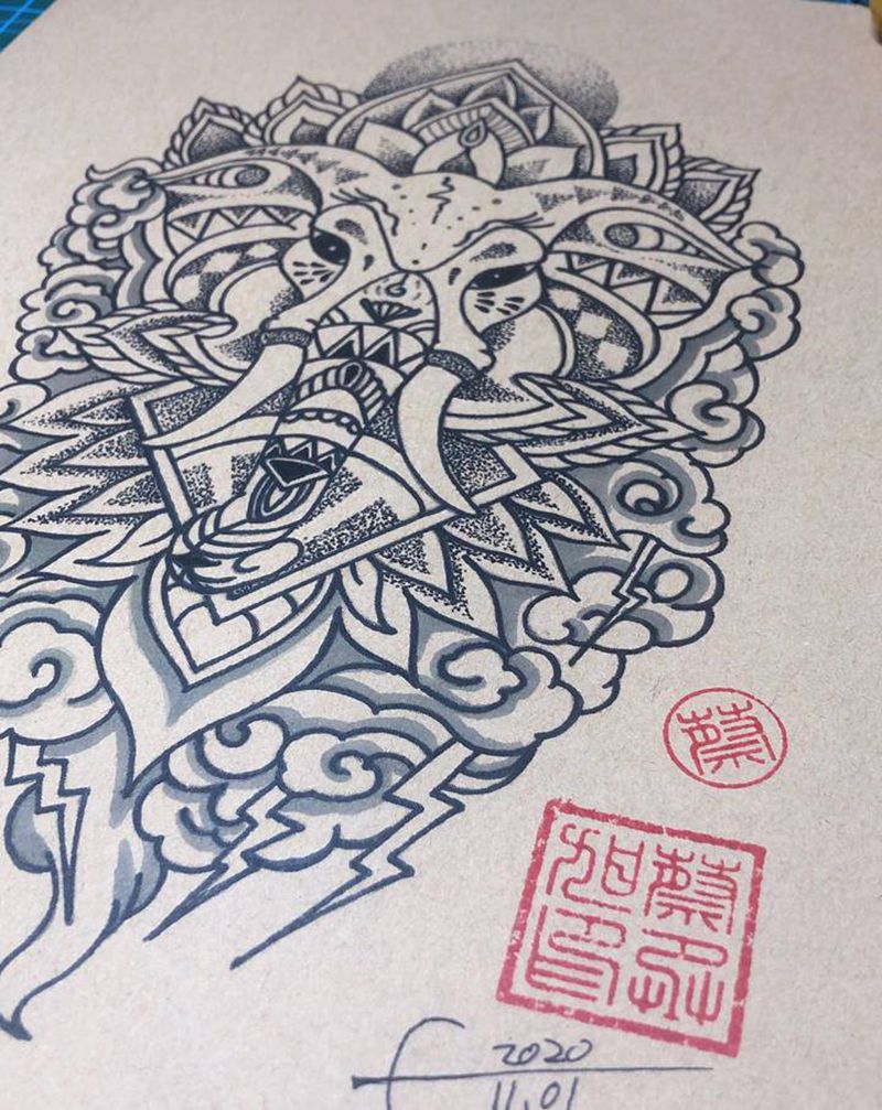 点刺象神纹身图片_点刺纹身图案