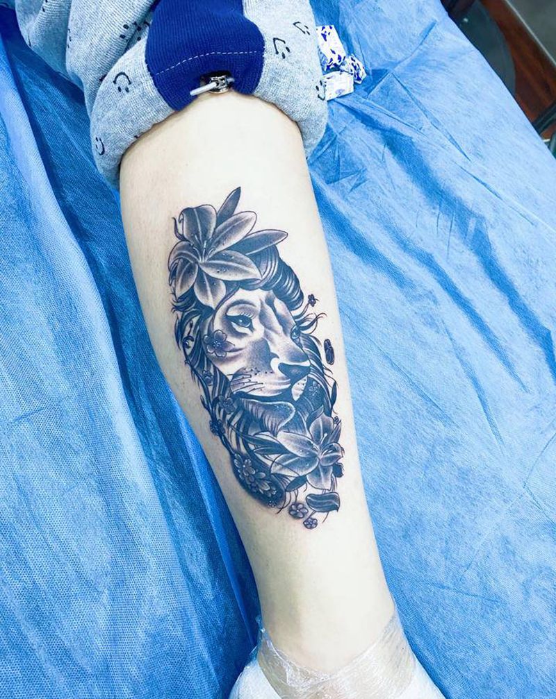 狮子头纹身图片_腿部纹身图案