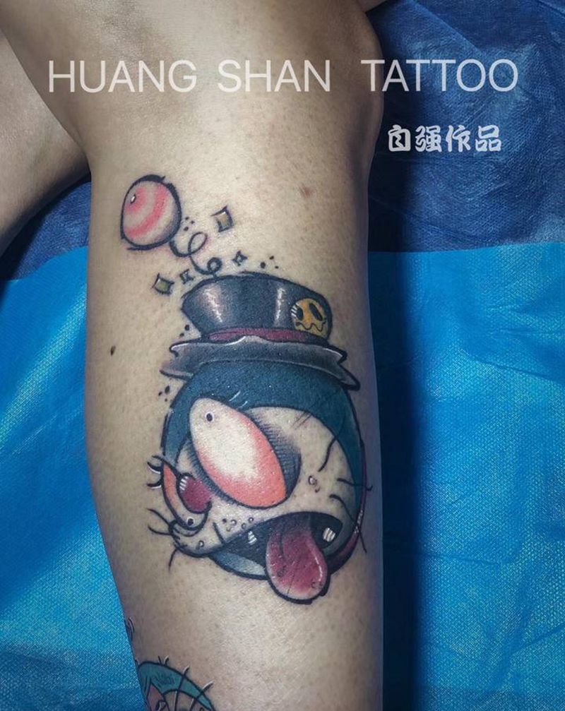 蓝胖子多啦A梦纹身图片_腿部New School荧光纹身图案