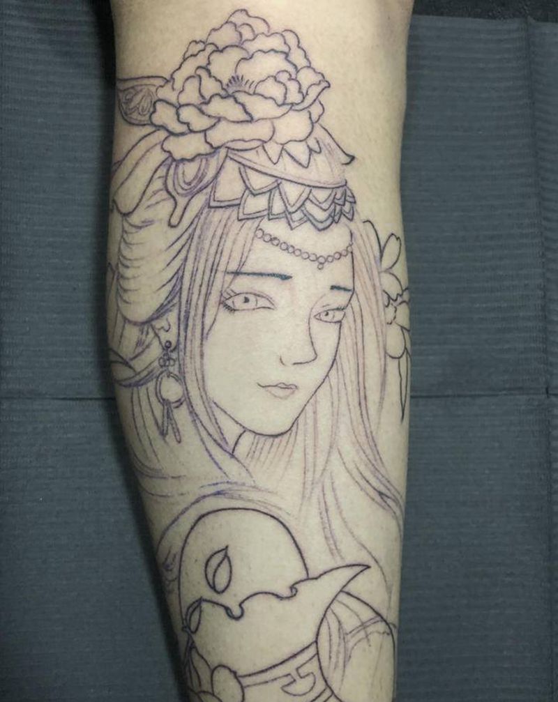 艺伎线条纹身图片_腿部新传统纹身图案