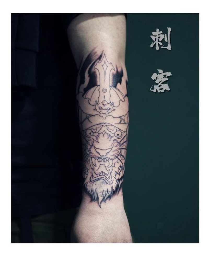 虎武士+兔子【遮盖】纹身图片_手臂纹身图案