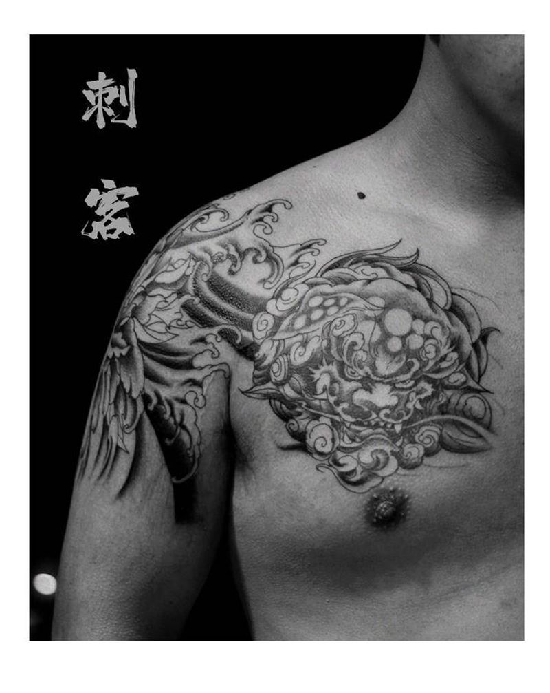 唐狮(未完成)纹身图片_胸部纹身图案