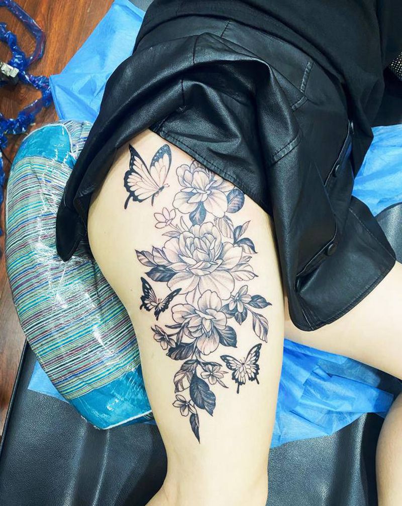 素花纹身图片_腿部纹身图案