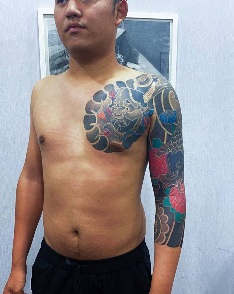 圆针打雾纹身图片_手臂老传统纹身图案