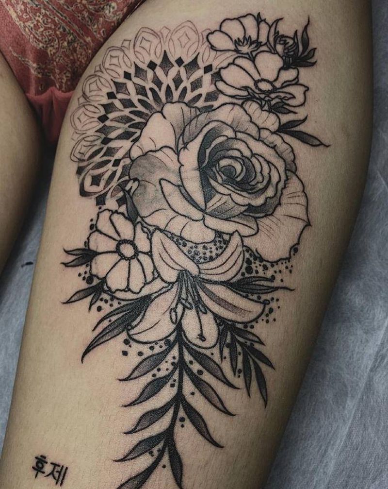 素花纹身图片_腿部点刺纹身图案