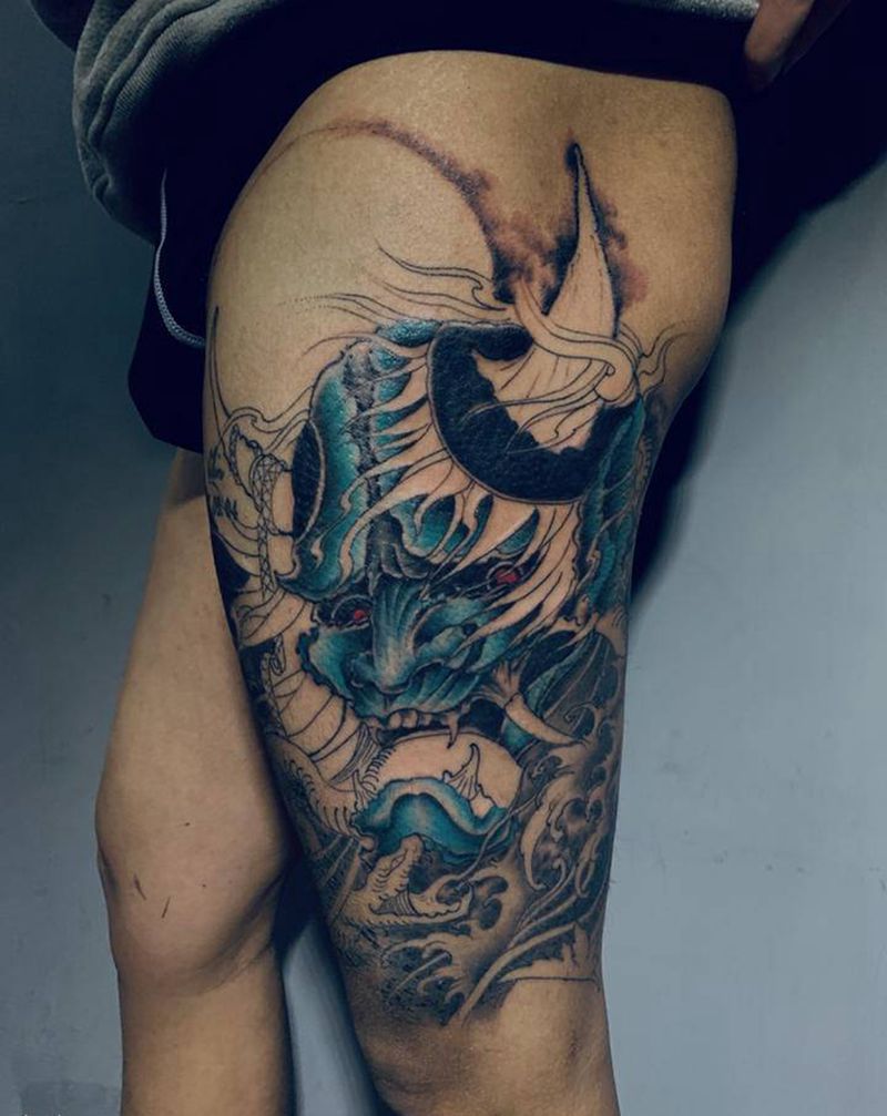 般若「60％」纹身图片_腿部新传统纹身图案