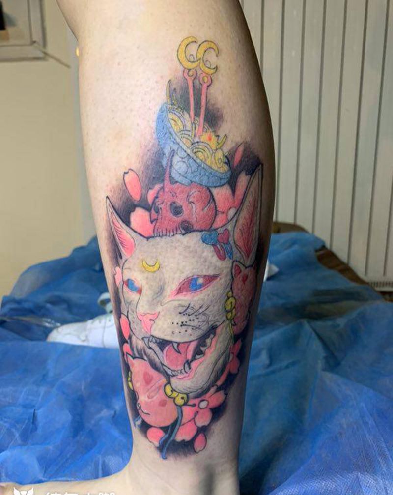 猫纹身图片_腿部纹身图案