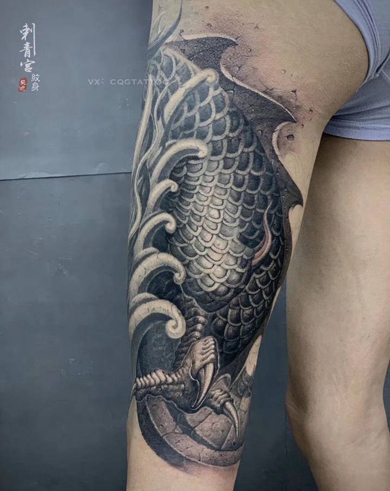 石雕龙纹身图片_腿部纹身图案