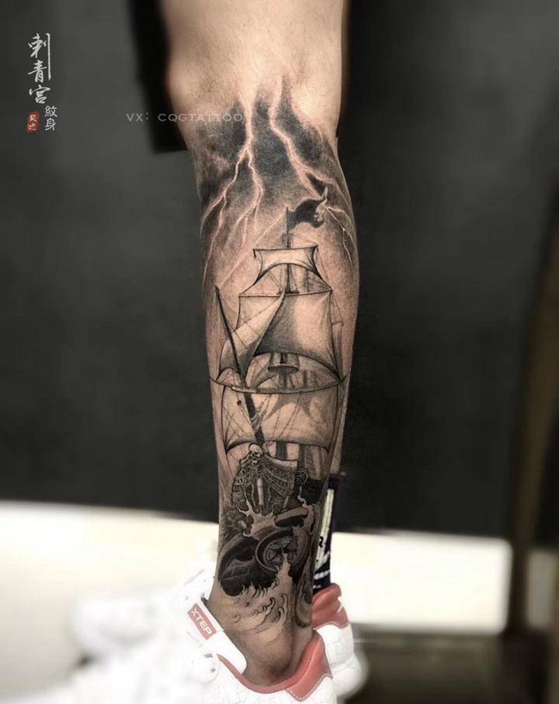帆船纹身图片_腿部纹身图案