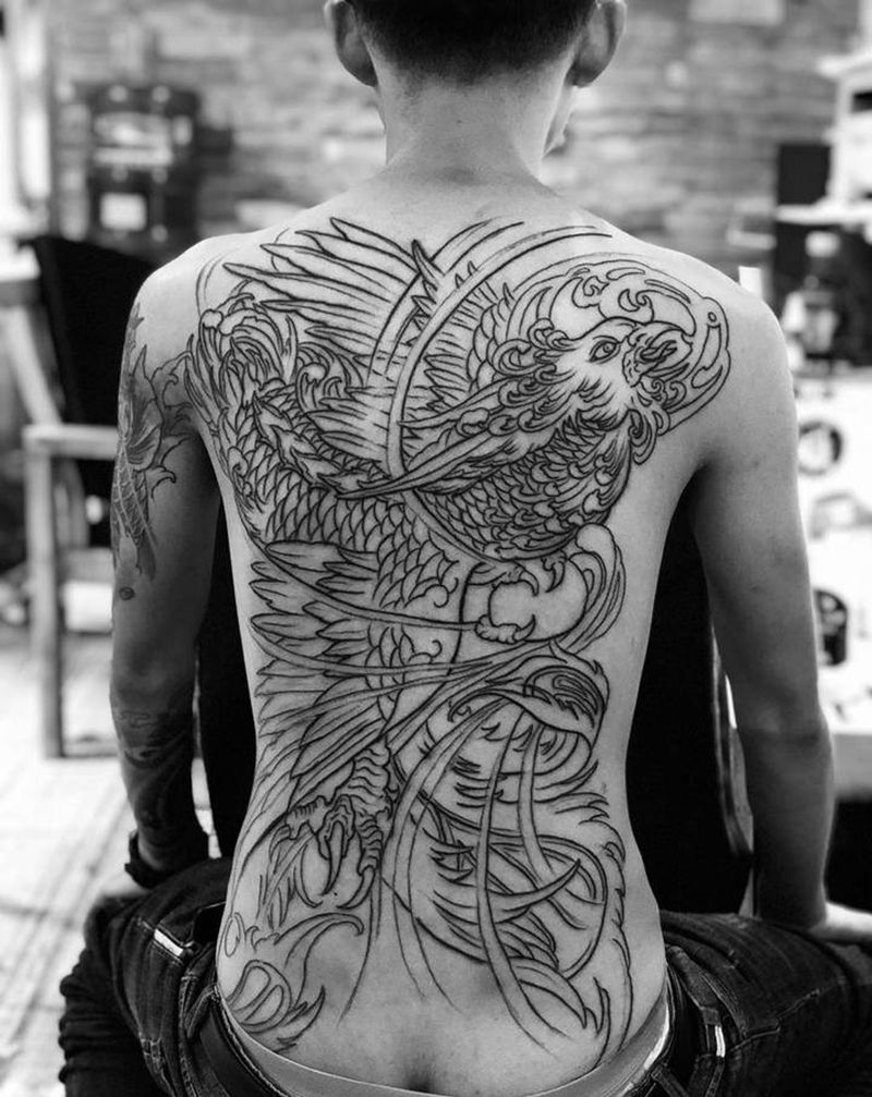 凤凰线条未完纹身图片_新传统纹身图案