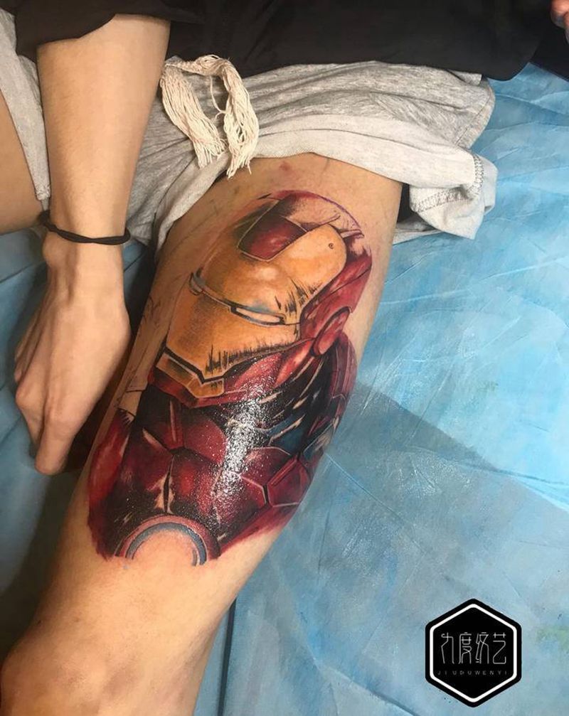 钢铁纹身图片_腿部欧美写实纹身图案