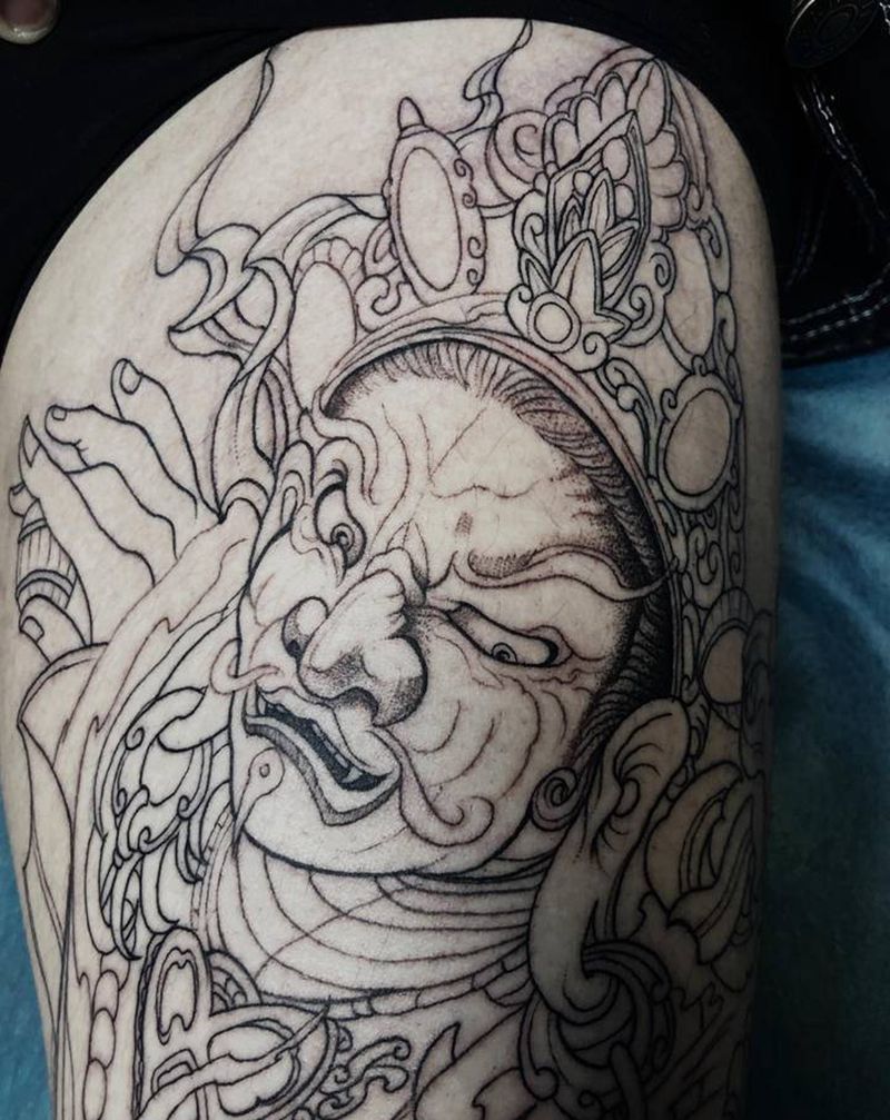 黄财神纹身图片_腿部新传统纹身图案