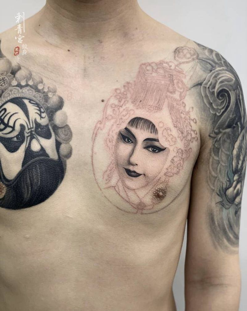 霸王 虞姬纹身图片_胸部新传统纹身图案