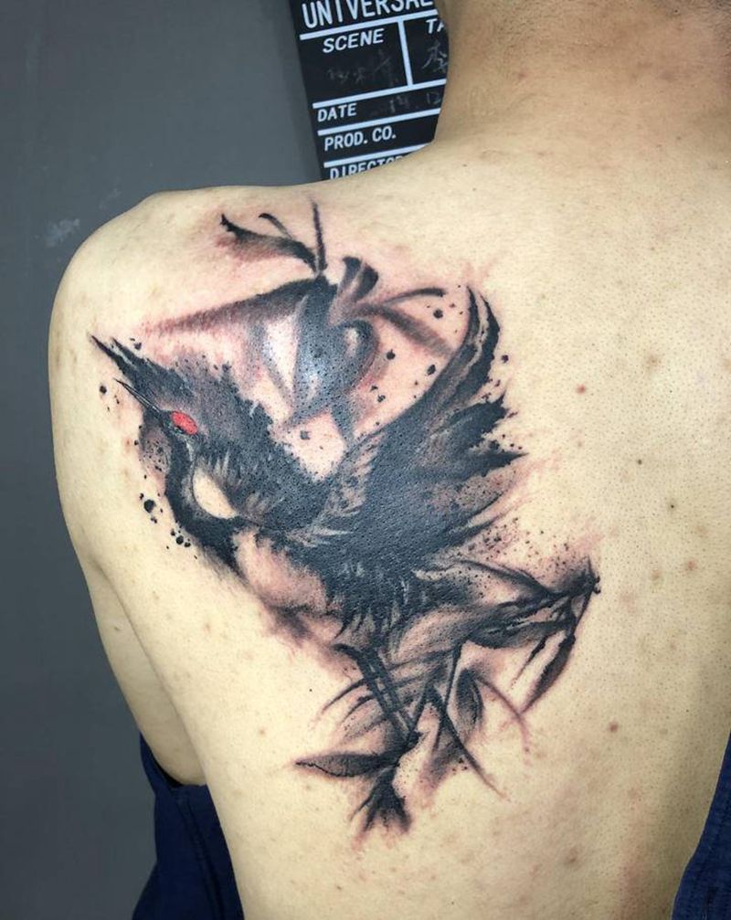 仙鹤纹身图片_背部水墨新传统纹身图案