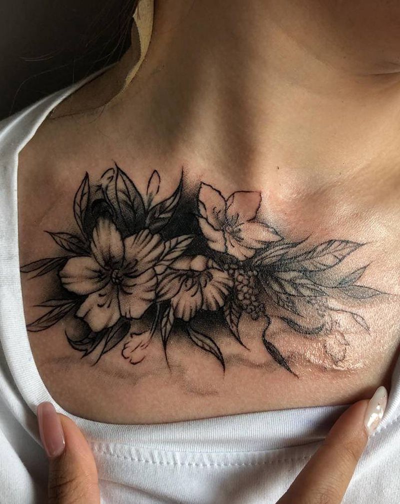 素花纹身图片_颈部新传统纹身图案