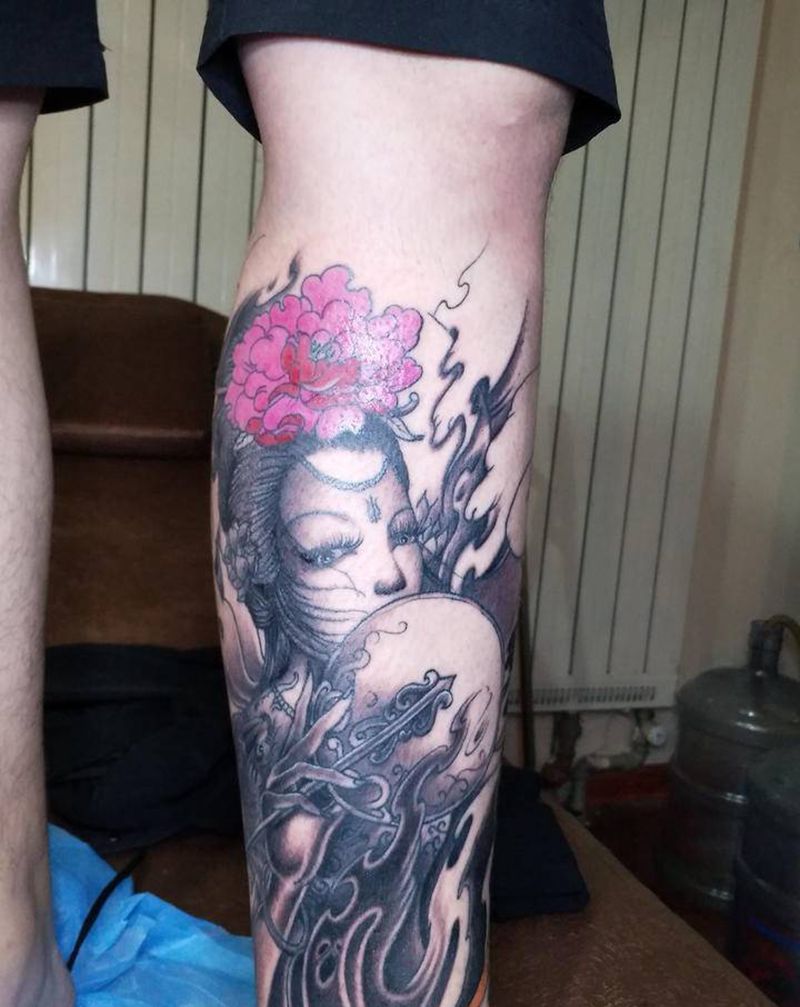 艺妓纹身图片_腿部新传统纹身图案