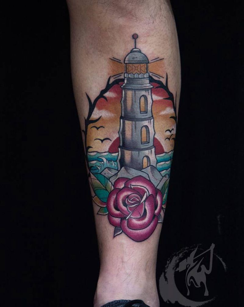 灯塔纹身纹身图片_腿部New School几何灯塔欧美图灯塔玫瑰纹身图案