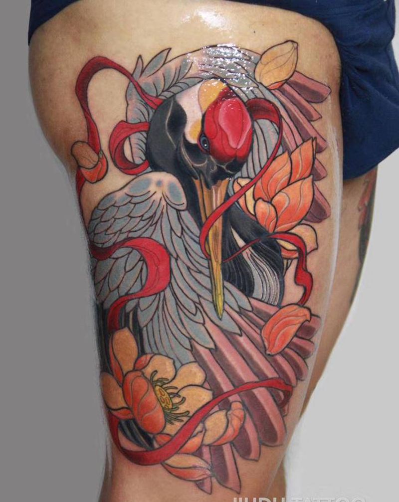 仙鹤纹身图片_腿部老传统新传统纹身图案