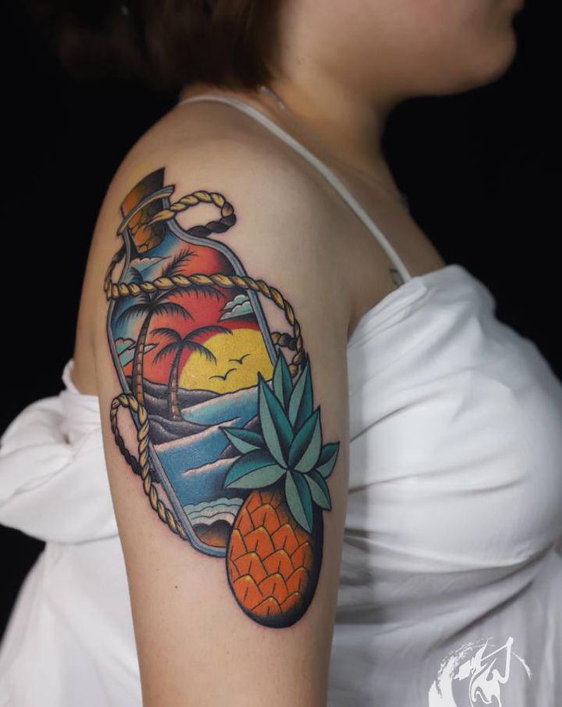 漂流瓶纹身图片_肩部Old School水彩许愿瓶纹身图案