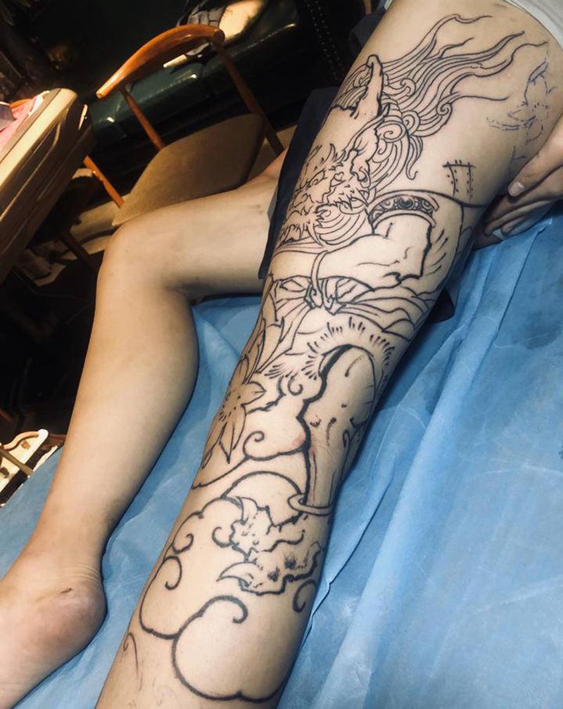 花腿线条纹身图片_新传统纹身图案