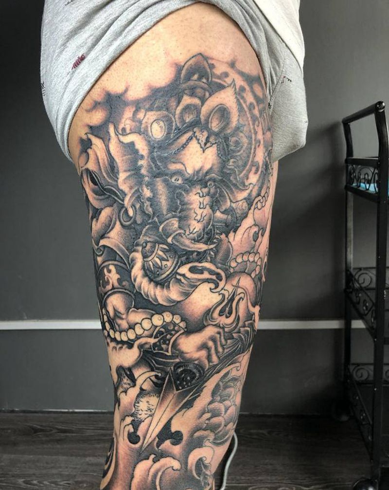 象神纹身图片_腿部新传统纹身图案