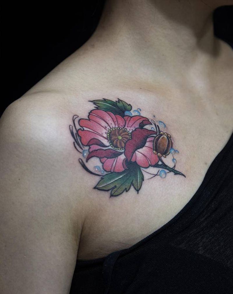 罂粟花遮盖失败纹身纹身图片_肩部胸部老传统新传统纹身图案