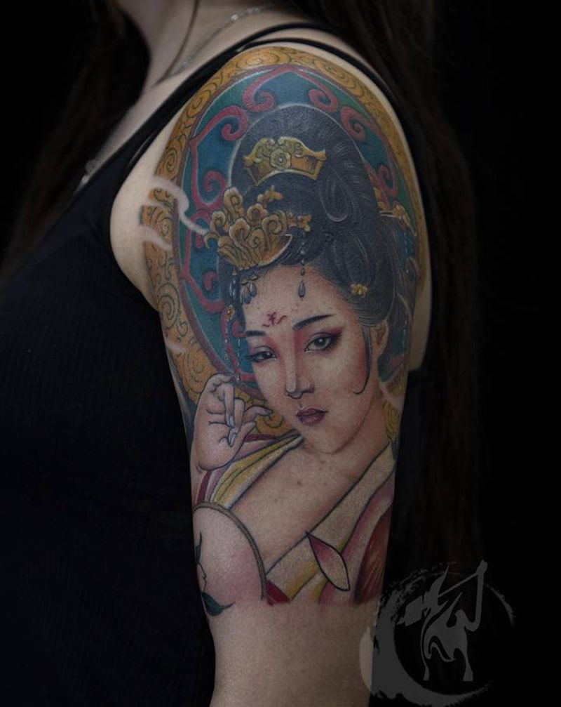 贵妃遮盖纹身图片_手臂新传统水彩艺妓仕女美女纹身图案