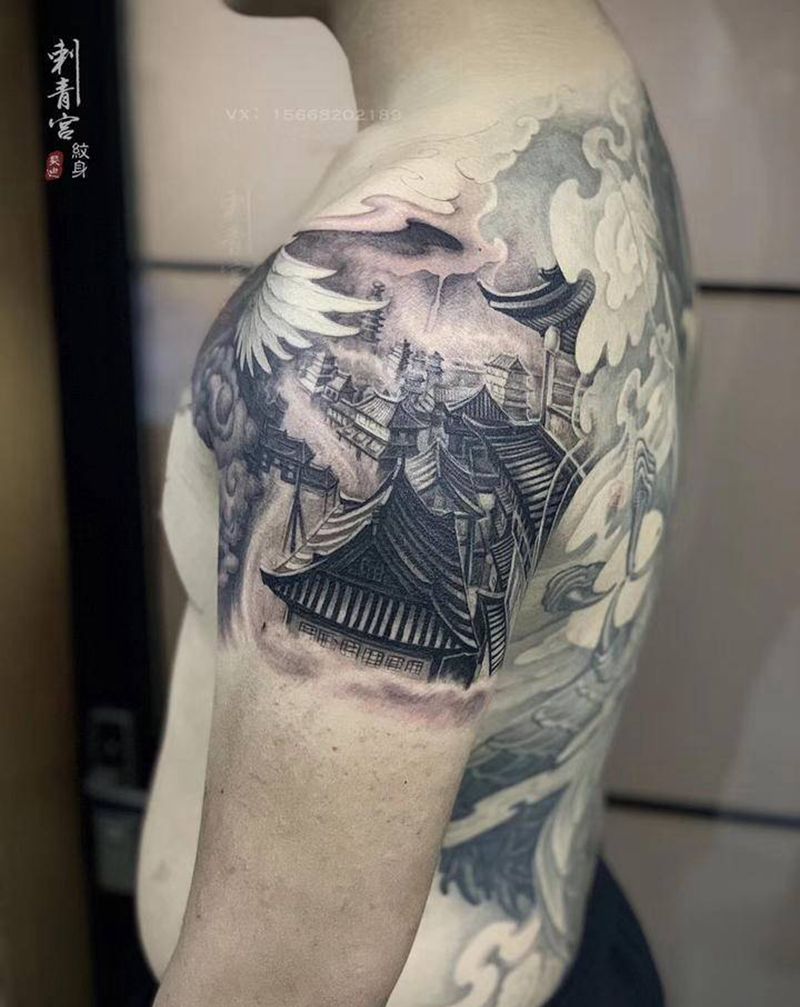亭台楼阁纹身图片_肩部纹身图案