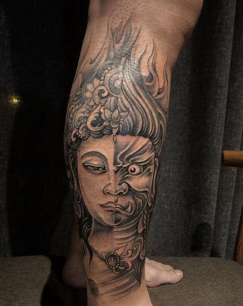 一念之间佛与魔纹身图片_腿部新传统纹身图案
