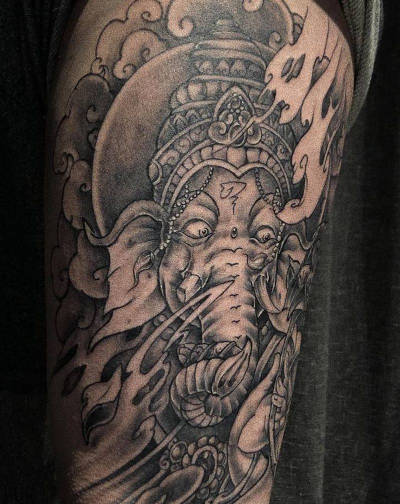 象神纹身图片_腿部新传统纹身图案