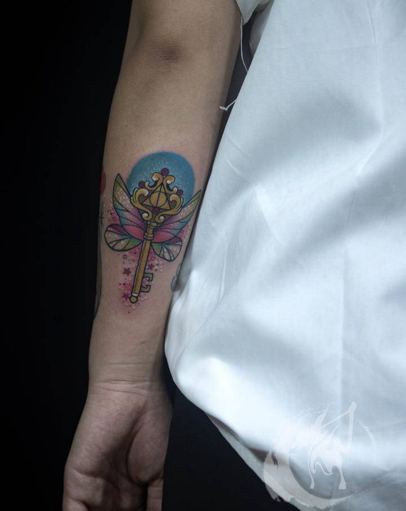 魔法棒纹身图片_手臂水彩Old School魔法棒小清新少女纹身图案