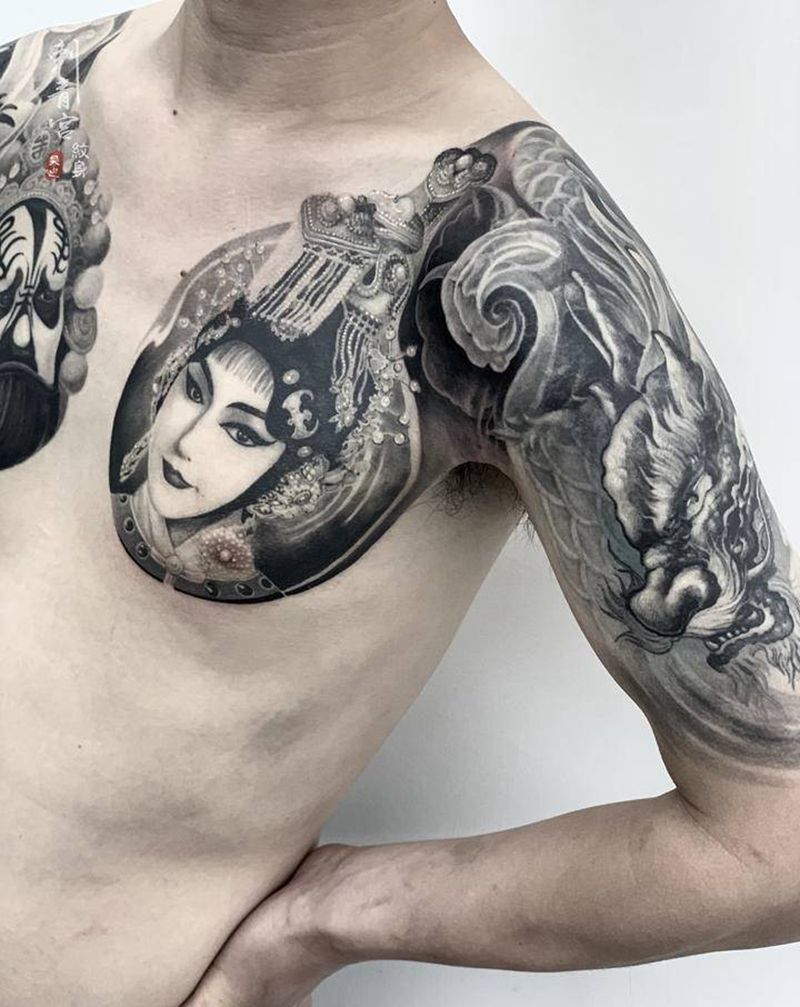 霸王虞姬纹身图片_胸部新传统纹身图案