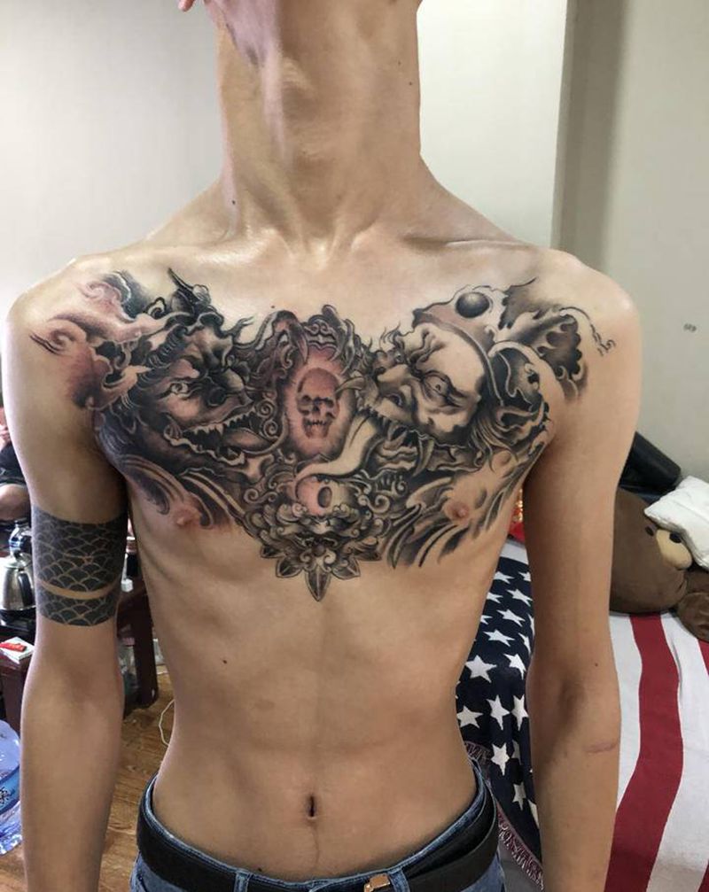 黑白无常纹身图片_胸部新传统纹身图案