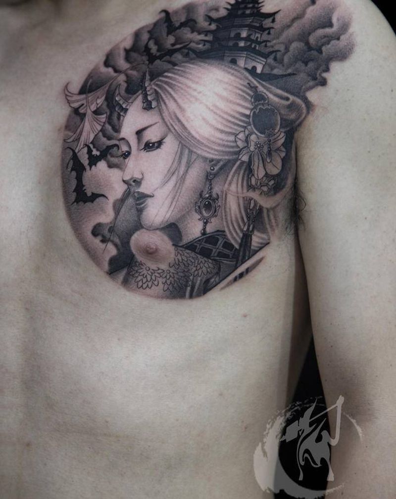 艺妓？纹身图片_胸部新传统欧美写实龙女纹身图案