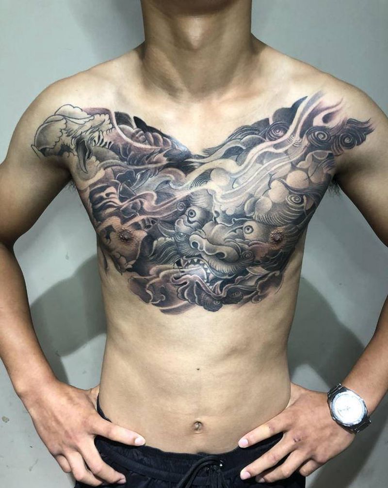 唐狮纹身图片_胸部新传统纹身图案