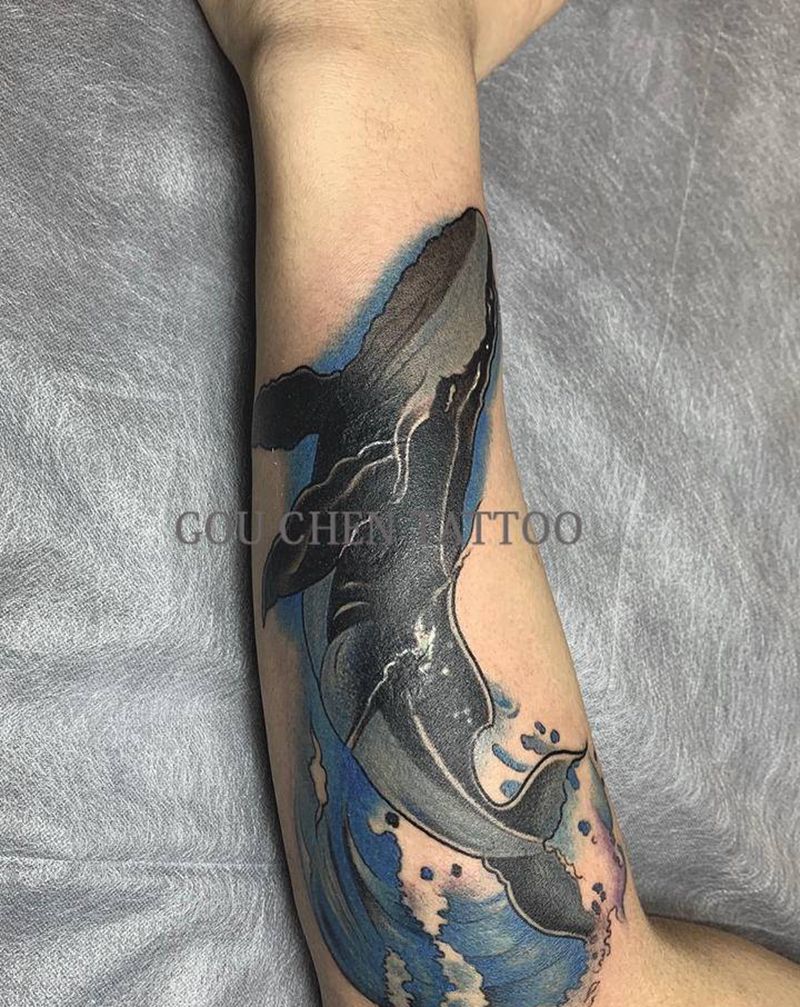 鲸鱼纹身图片_手臂水彩纹身图案