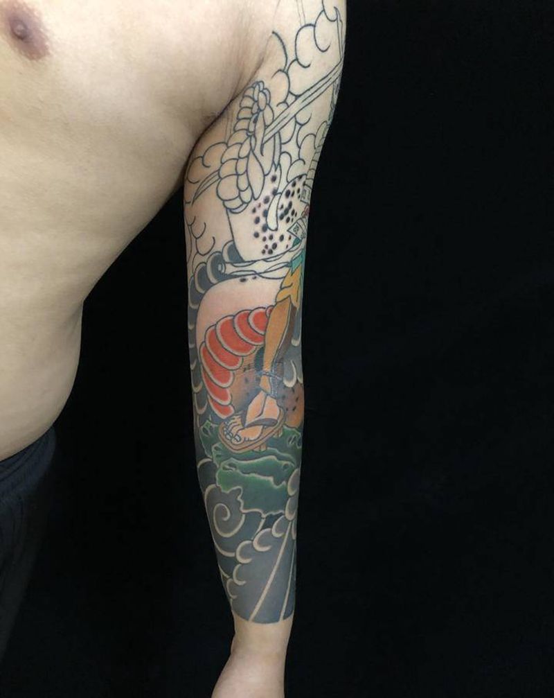 日式老传统未完纹身图片_手臂老传统纹身图案