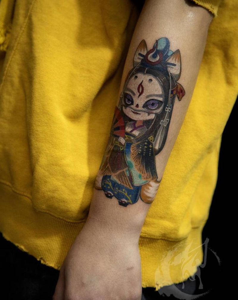 卡通版玉藻前纹身图片_手臂水彩新传统阴阳师玉藻前纹身图案