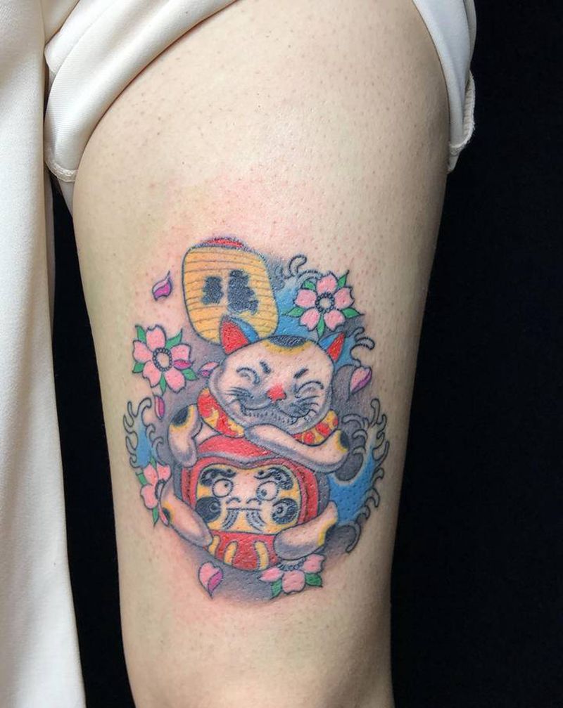 招财猫纹身图片_腿部New School纹身图案