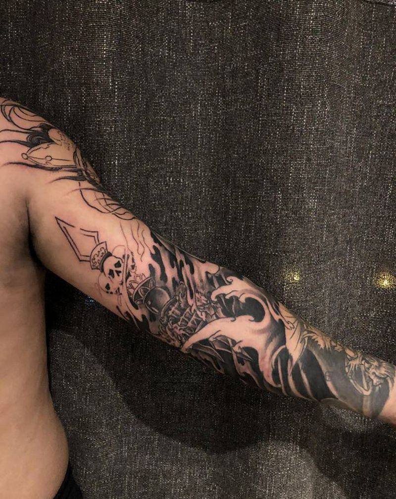 花臂未完纹身图片_手臂新传统纹身图案