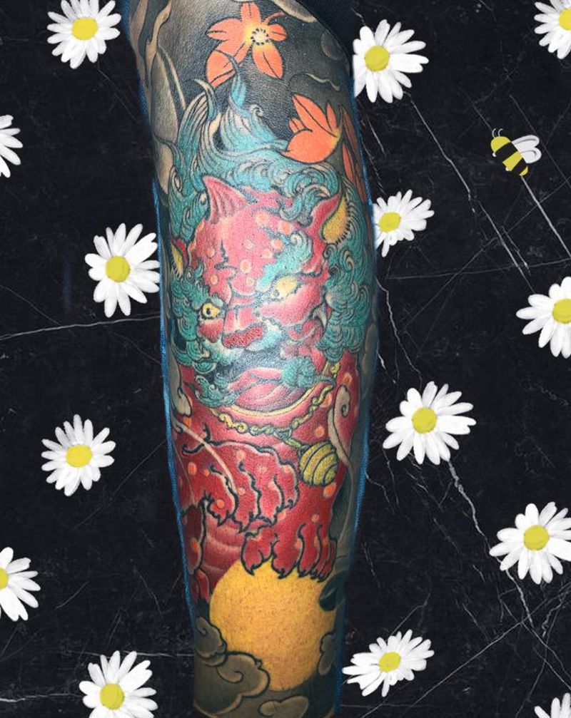 唐狮子纹身图片_腿部新传统纹身图案