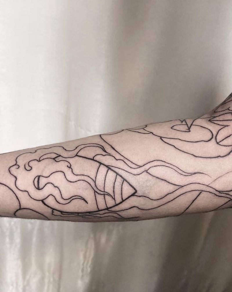 鹤与牡丹纹身图片_手臂老传统纹身图案