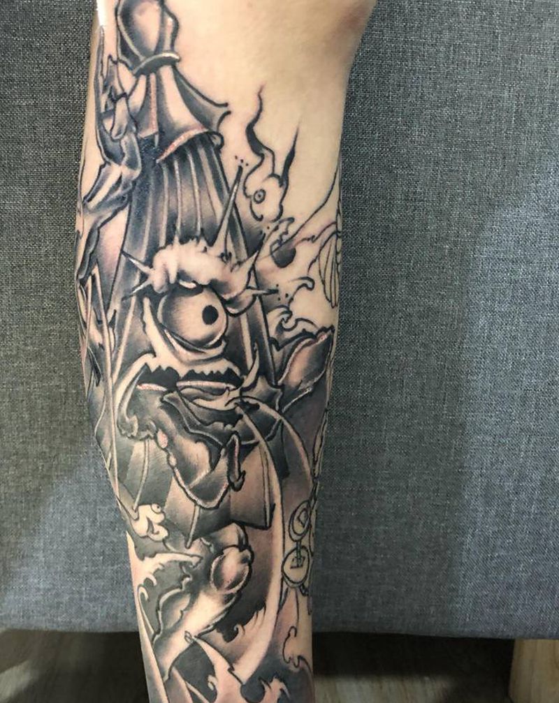 独脚伞纹身图片_腿部新传统纹身图案