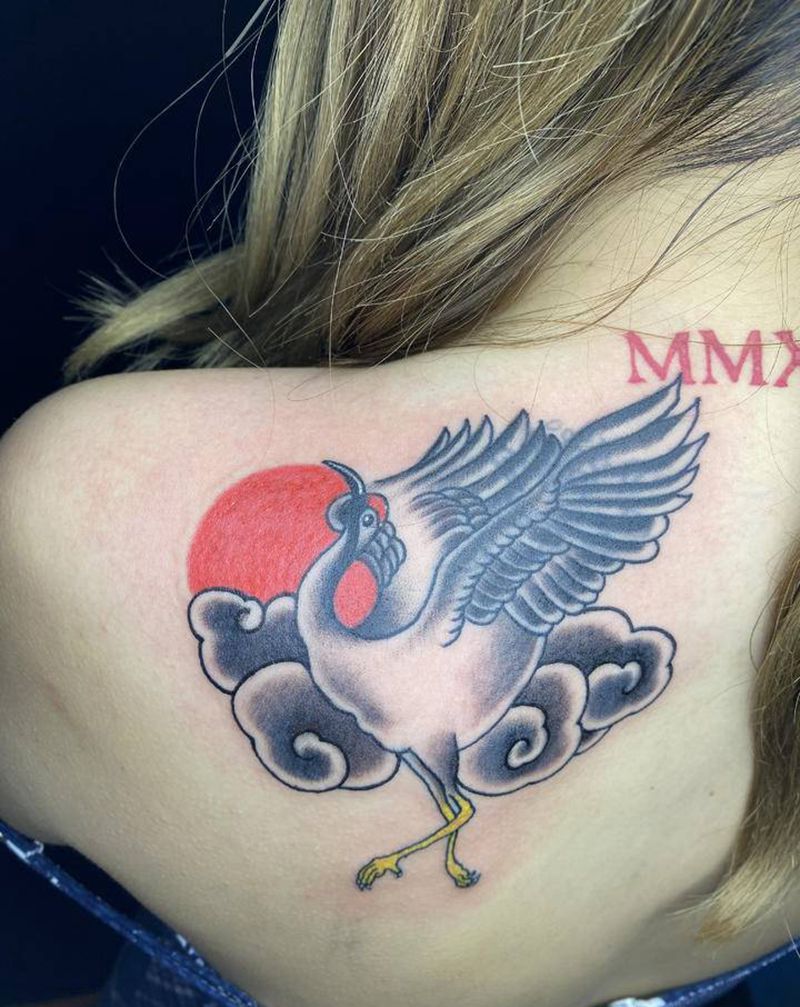 仙鹤纹身图片_肩部老传统纹身图案