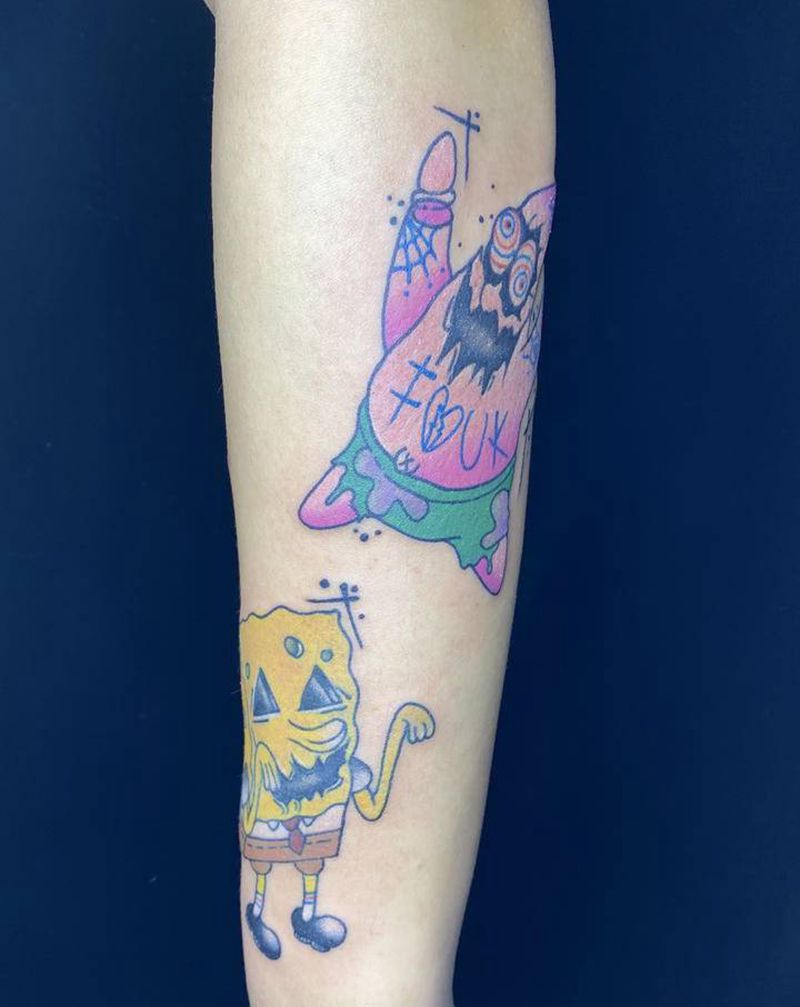 海绵宝宝与派大星纹身图片_手臂New School纹身图案