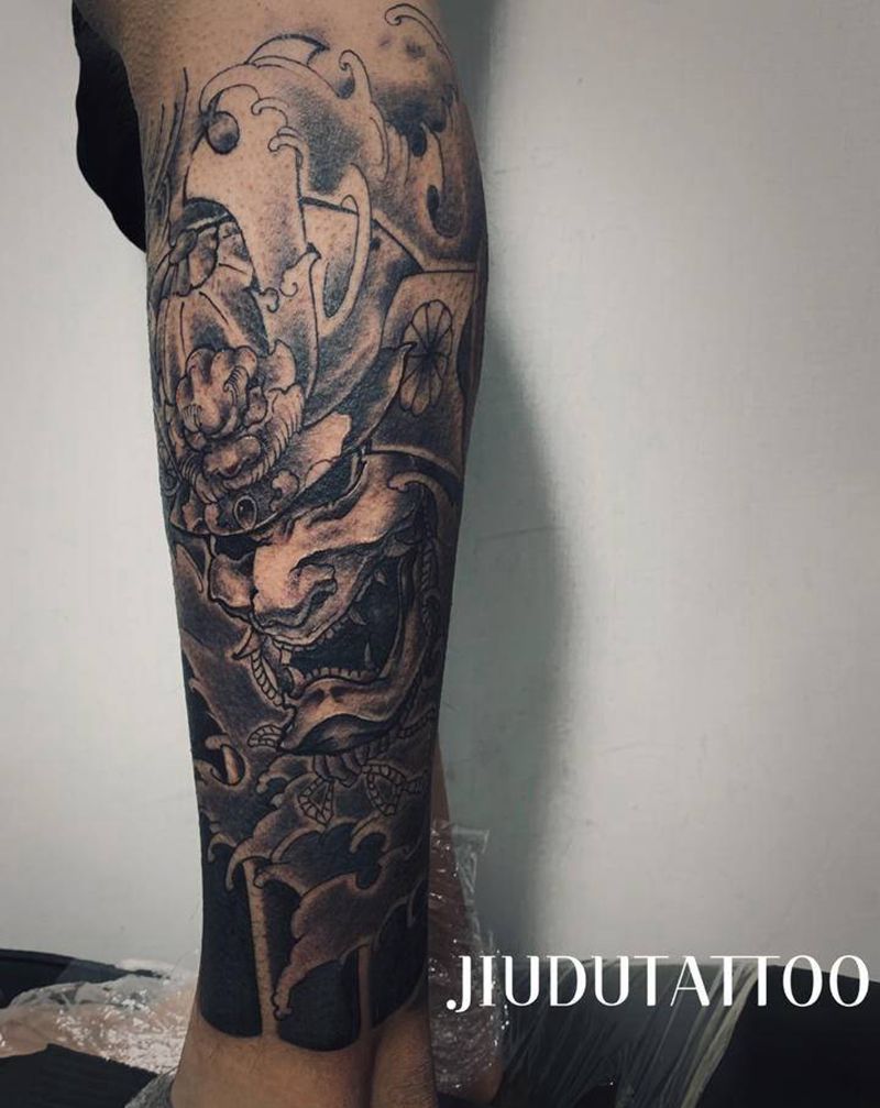 鬼武士纹身图片_腿部新传统老传统纹身图案