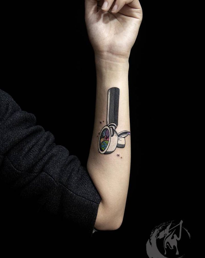 咖啡手柄纹身图片_手臂Old School水彩勺子咖啡盆纹身图案