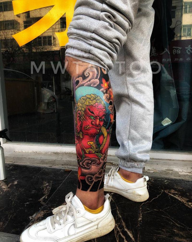 不动冥王纹身图片_腿部新传统纹身图案