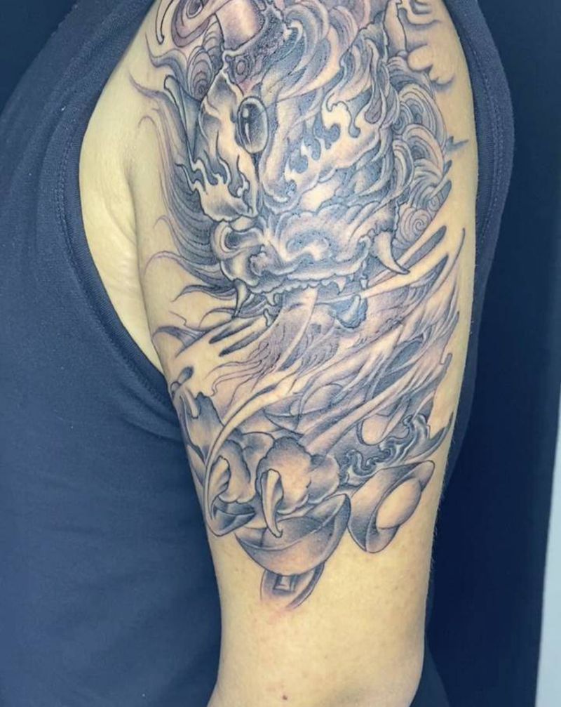 唐狮纹身图片_手臂新传统纹身图案