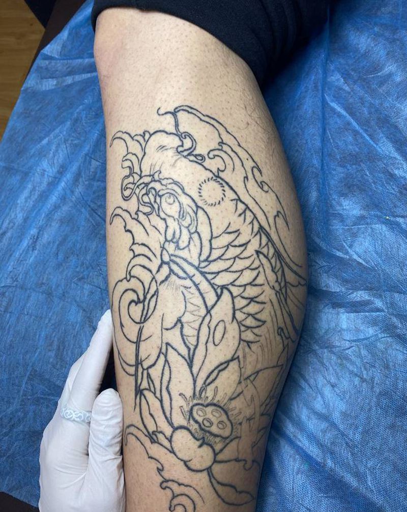 鲤鱼纹身图片_腿部新传统纹身图案